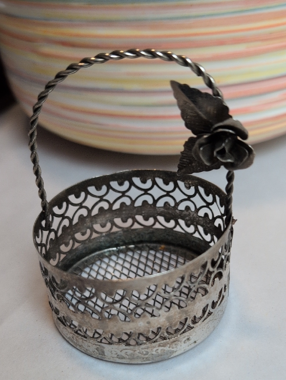 Vintage Silver Filigree Decorative Miniature Metal Basket Rope Handle With Rose